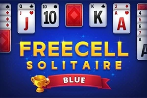 Hracie karty s rôznymi hodnotami a symbolmi, ktoré sú usporiadané na modrom pozadí s nápisom Freecell Solitaire Blue a zlatým pohárom pod ním