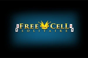 Na obrázku je názov Free Cell Solitaire v žltej farbe s korunou uprostred a štyrmi kartami po stranách na modrom pozadí