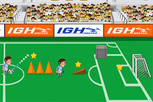 Na obrázku je futbalové ihrisko s prekážkami, dvomi futbalistami, bránkou a hviezdami v prostredí s tribúnou plnou divákov