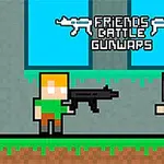 Dvaja pixeloví postavi sú na trávnatom pozadí s nápisom Friends Battle Gunwars hore a s puškami v rukách