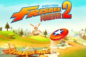 Farebná krajina s dreveným mostom, veterným mlynom a lietajúcim frisbee