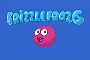 Na modrom pozadí sa nachádza názov Frizzle Fraz 6 a usmievavá ružová chlpatá postavička s veľkými očami
