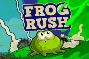 V popredí je veľká žaba na zelenej lúke, v pozadí s modrou oblohou, mrakmi a textom FROG RUSH