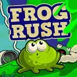 V popredí je veľká žaba na zelenej lúke, v pozadí s modrou oblohou, mrakmi a textom FROG RUSH