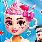 Dievča s hrnčekom plným šľahačky, čerešňou a slamkou, stojace v modrej chodbe, s usmievajúcimi sa animovanými postavičkami s emotikonmi lásky