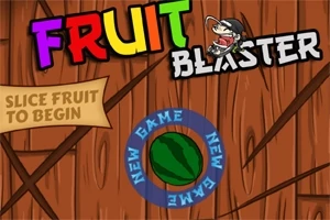 Farebné nápisy FRUIT BLASTER, karikatúra ninju, výrez dreva a zelený melón s nápisom NEW GAME