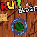 Farebné nápisy FRUIT BLASTER, karikatúra ninju, výrez dreva a zelený melón s nápisom NEW GAME
