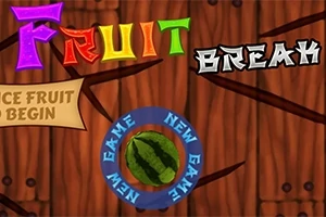 Farebné nápisy na drevenom pozadí s obrázkom melóna uprostred a textom NEW GAME