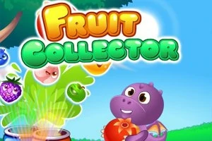 Farebný nápis Fruit Collector s fialovou postavičkou dinosaurusa drží ovocie na modrom pozadí