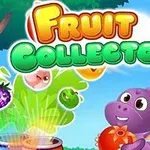 Farebný nápis Fruit Collector s fialovou postavičkou dinosaurusa drží ovocie na modrom pozadí