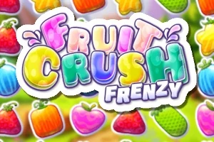 Farebný nápis Fruit Crush Frenzy s pozadím plným rôznofarebného ovocia