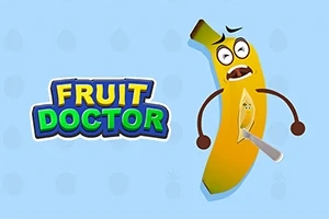 Kreslený banán s vystrašeným výrazom je rezaný skalpelom vedľa textu FRUIT DOCTOR na modrom pozadí