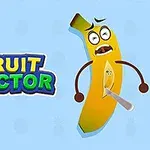 Kreslený banán s vystrašeným výrazom je rezaný skalpelom vedľa textu FRUIT DOCTOR na modrom pozadí