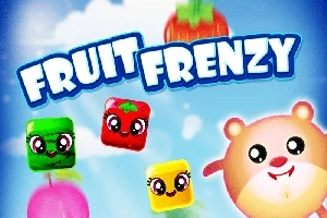 Farebné kocky s tvárami a škrečok na modrom pozadí s nápisom „Fruit Frenzy”