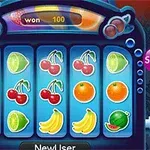 Farebné kocky s tvárami a škrečok na modrom pozadí s nápisom „Fruit Frenzy”