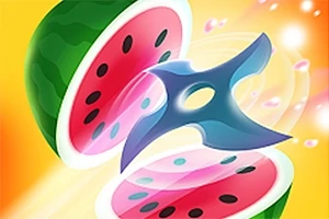 Modrý shuriken pretína červený melón na dve polovice na žltom pozadí