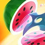 Modrý shuriken pretína červený melón na dve polovice na žltom pozadí