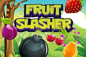 Farebné ovocie vrátane čerešní, jahody a slivky spolu s čiernou bombou na zelenom pozadí s nápisom Fruit Slasher