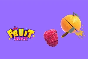 Malina a pomaranč rozkrojené nožom na fialovom pozadí, vedľa farebného nápisu Fruit Slice