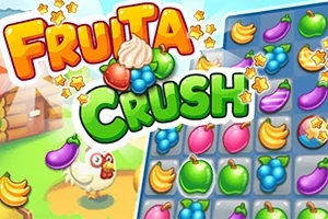 Farebná grafika so slovami Fruita Crush, ovocím na hracej mriežke a kuraťom na lúke v pozadí