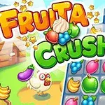 Farebná grafika so slovami Fruita Crush, ovocím na hracej mriežke a kuraťom na lúke v pozadí