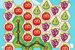 Ilustrácia s hexagonálnymi políčkami zobrazuje ovocie ako jabĺčka, hrušky a hrozno v jasných farbách s prepojenými zelenými hruškami