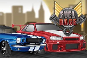 Dva športové autá, jedno modré s bielymi pásikmi a druhé červené, na pozadí mesta s logom Fuel Rage