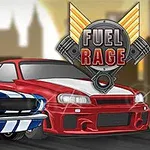 Dva športové autá, jedno modré s bielymi pásikmi a druhé červené, na pozadí mesta s logom Fuel Rage
