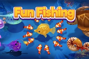 Farebné morské tvory vrátane žltej ryby, klaunov, chobotnice a korytnačky na modrom pozadí s textom Fun Fishing