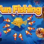 Farebné morské tvory vrátane žltej ryby, klaunov, chobotnice a korytnačky na modrom pozadí s textom Fun Fishing