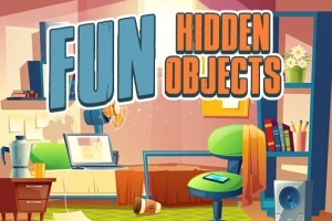 Izba s kreslom a stolom, na ktorom sú knihy a laptop, s nápisom Fun Hidden Objects