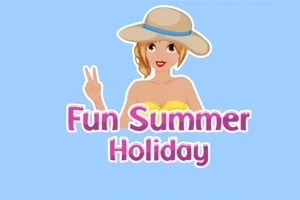 Žena v letnom klobúku ukazujúca znak mieru, s nápisom Fun Summer Holiday na modrom pozadí