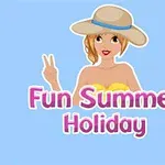 Žena v letnom klobúku ukazujúca znak mieru, s nápisom Fun Summer Holiday na modrom pozadí