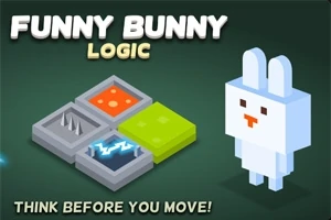 Nadpis Funny Bunny Logic, jednoduchá kreslená biela králiková postavička a farebné štvorcové políčka s rôznymi textúrami na zelenom pozadí