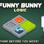 Nadpis Funny Bunny Logic, jednoduchá kreslená biela králiková postavička a farebné štvorcové políčka s rôznymi textúrami na zelenom pozadí
