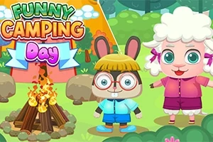 Kreslené postavičky zvierat pri táboráku v lese s farebným nápisom Funny Camping Day