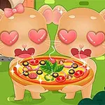 Dve rozkošné kreslené zvieratká s očami v tvare srdca držia voňavú pizzu v záhradnom prostredí
