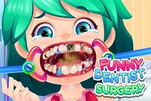 Dievča so zelenými vlasmi má roztvorenú ústa s viditeľnými zubami, zatiaľ čo v pozadí je farebný nápis FUNNY DENTIST SURGERY