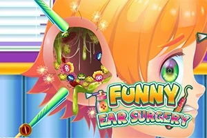 Animovaná ilustrácia s dieťaťom, na ktorého uchu sú farebné nástroje a text FUNNY EAR SURGERY