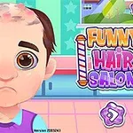 Karikatúrna postavička s krátkymi vlasmi a v ružovo-fialovej košeli stojí pred nápisom Funny Hair Salon