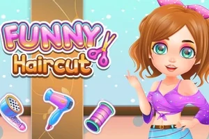 Dievčatko s hnedými vlasmi v fialovom oblečení stojí vedľa názvu Funny Haircut s obrázkami hrebeňa, fénu a nite
