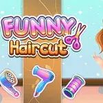 Dievčatko s hnedými vlasmi v fialovom oblečení stojí vedľa názvu Funny Haircut s obrázkami hrebeňa, fénu a nite
