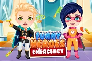 Dve kreslené postavy oblečené ako superhrdinovia stoja vedľa seba v jasne osvetlenej miestnosti s logom Funny Heroes Emergency pred nimi