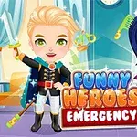 Dve kreslené postavy oblečené ako superhrdinovia stoja vedľa seba v jasne osvetlenej miestnosti s logom Funny Heroes Emergency pred nimi