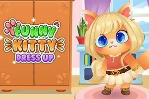 Mačka s veľkými modrými očami v roztomilých šatách stojí vedľa skrine s nápisom Funny Kitty Dress Up