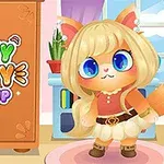Mačka s veľkými modrými očami v roztomilých šatách stojí vedľa skrine s nápisom Funny Kitty Dress Up