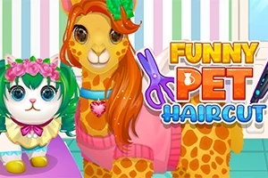 Roztomilé zvieratká s farebnými účesmi a nápis Funny Pet Haircut