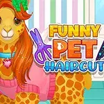 Roztomilé zvieratká s farebnými účesmi a nápis Funny Pet Haircut