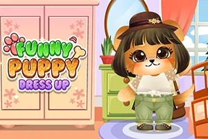 Rozkošný šteniatkový charakter v zelených nohaviciach, klobúku a okuliaroch stojí pred skriňou s nápisom Funny Puppy Dress Up