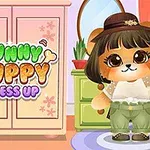 Rozkošný šteniatkový charakter v zelených nohaviciach, klobúku a okuliaroch stojí pred skriňou s nápisom Funny Puppy Dress Up